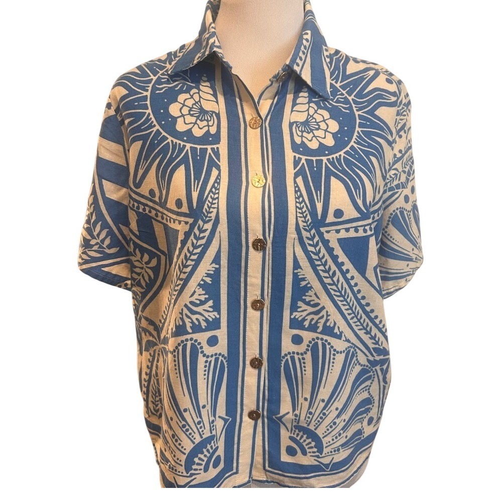 C&C California Womens Blue White Beachy Print Short Sleeve Button Down Shirt M